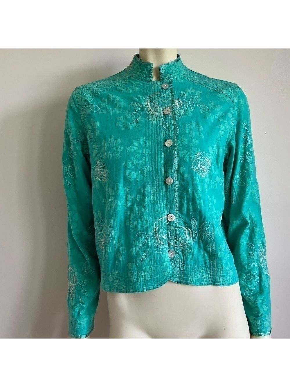 MIRASOL Women’s Embroidered Roses Jacket Mandarin Collar Shell Buttons Green S